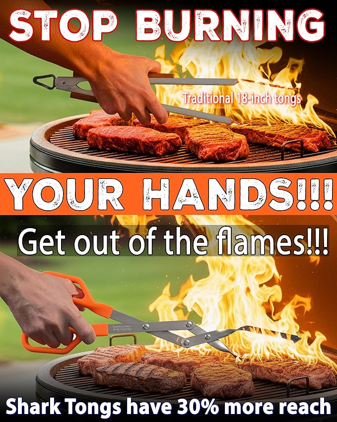 Shark BBQ Pitmaster Grill Tongs, 2X Stronger, Heavy-Duty for Big Hands & Large Cuts. Long-Reach Barbecue Grilling Tongs. Premium Stainless Steel Tong (Black)