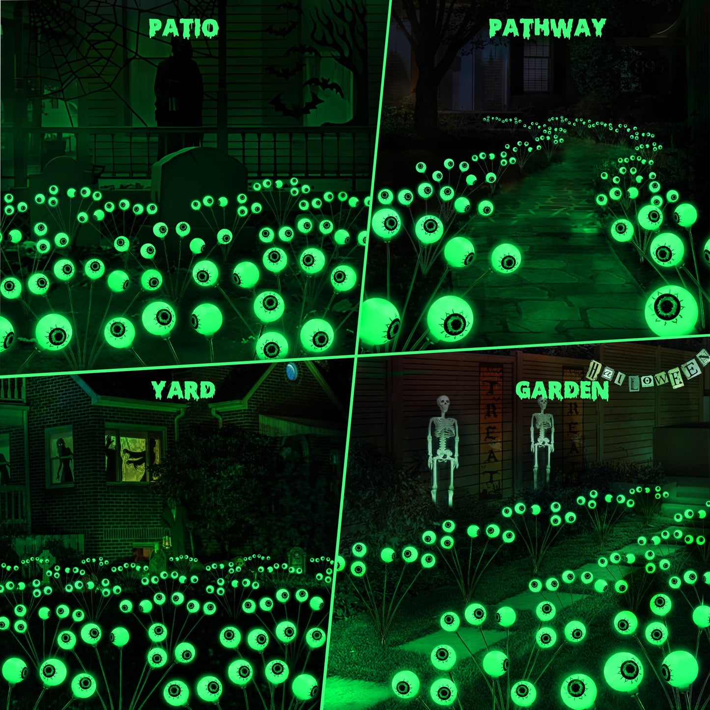 Brizlabs 4 Pack 24 Led Halloween Solar Lights  2 Modes Outdoor Halloween Eyeball Pathway Lights  Solar Spooky Walkway Light Waterproof  Green Swaying Firefly Lighting For Path Yard Garden Lawn