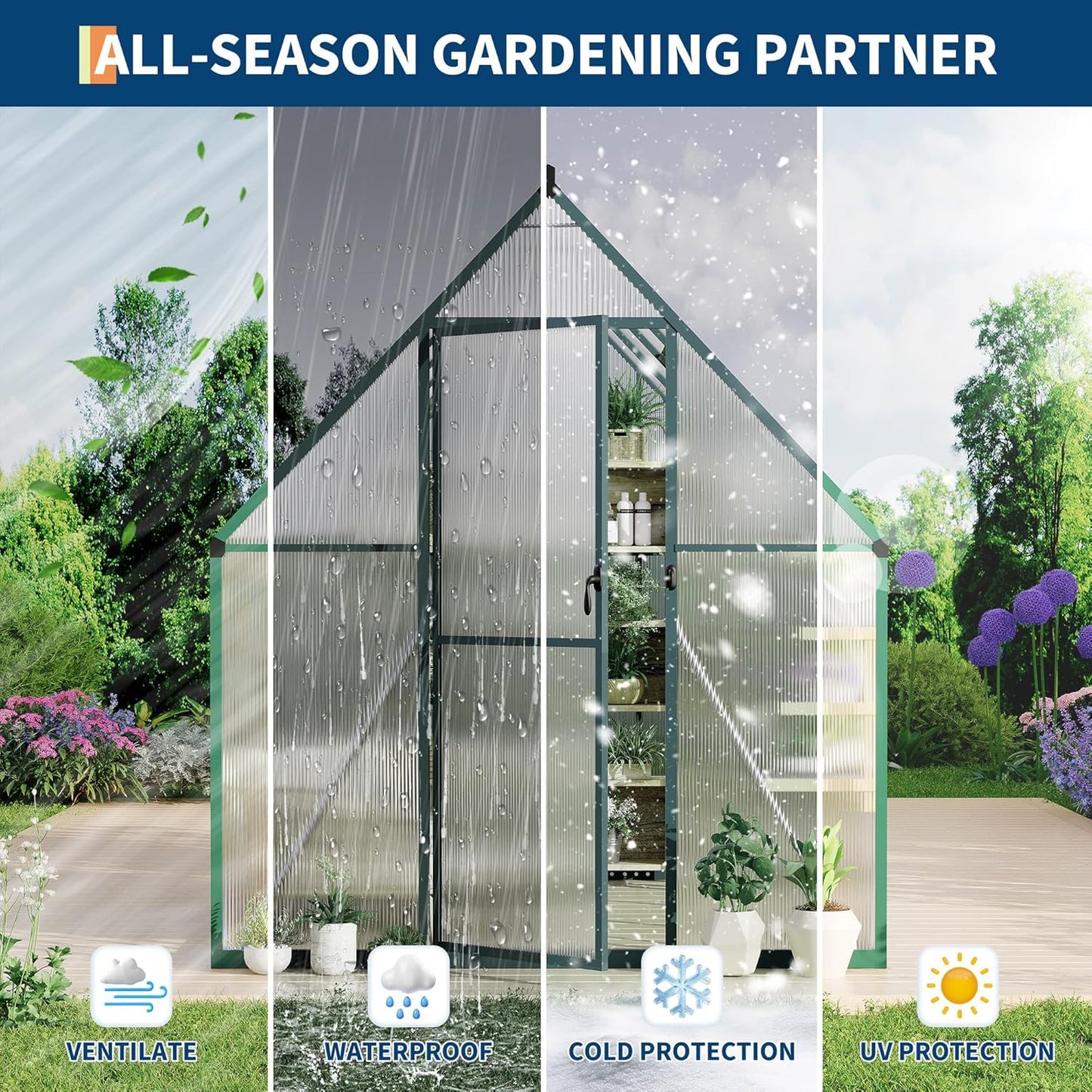 6'X7' Aluminum-Framed Polycarbonate Greenhouse, Heavy Duty Polycarbonate Greenhouse with Quick Setup Structure and Roof Vent, Large Enhanced Aluminum Greenhouses Kit for Outdoors