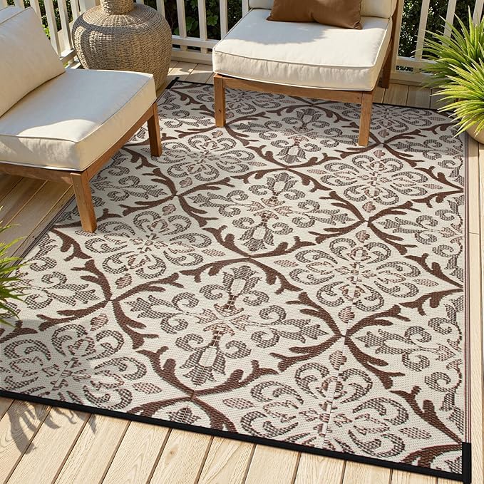 Lahome 6x9 Outdoor Rugs for Patios Waterproof, Plastic Straw Portable Reversible Rv Rug, Porch Floor Camping Carpet for Balcony Tent, Khaki 6'x9'