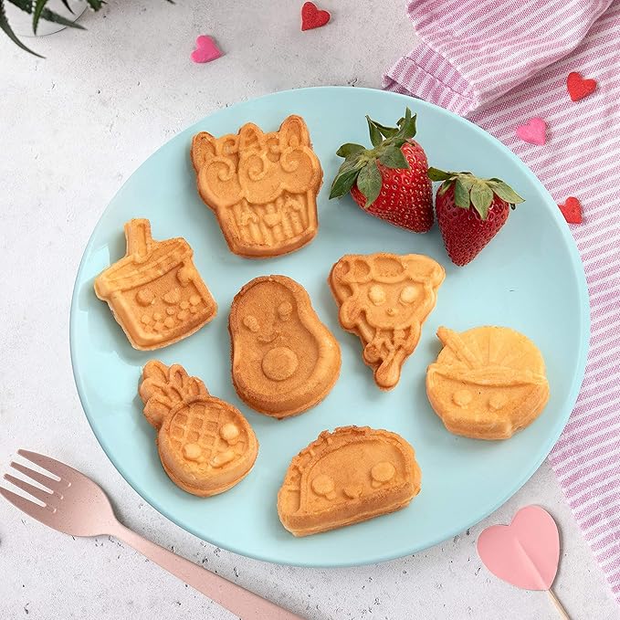 Fun Food Friends Mini Waffle Maker- 7 Different Kawaii Style Design Pan Cakes Feat. Avocado Pizza Ramen Taco & More- Cool Electric Nonstick Waffler Iron, Morning Breakfast w Recipes - Kids Xmas Gift