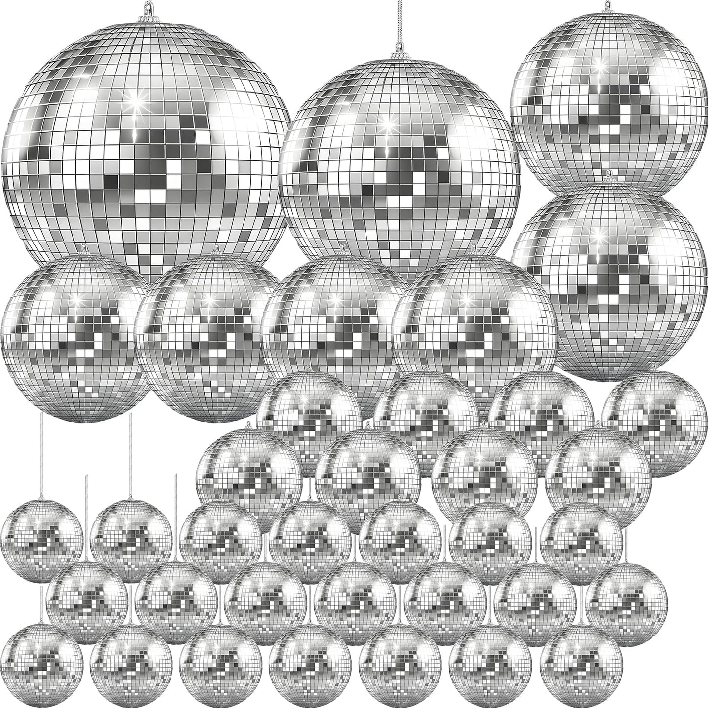 The Dreidel Company Mirror Disco Ball 108-Mega Pack Variety, Silver Hanging Ball with Attached String for Ring, Reflects Light, Fun Party Home Bands Decorations, Party Favor