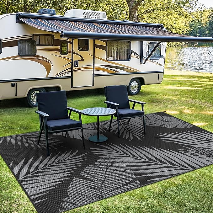 Outdoor Rug 9' x 12' for Patio Waterproof Clearance, Reversible Indoor Outdoor Plastic Straw Camping Rug Carpet, RV Mat, Large Area Rug for Deck, Backyard, Balcony, Porch, Beach, Black and Grey