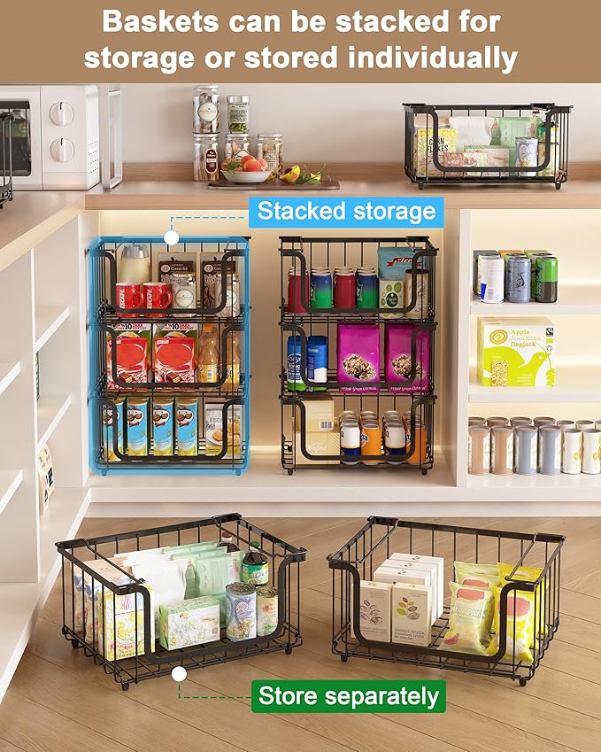 UMDONX 4 Pack Stackable Wire Baskets Storage Bins for Fruits, Vegetables, Potatoes & Onions | Pantry, Countertop, Laundry Organizer | Heavy Duty & Space Saving Black