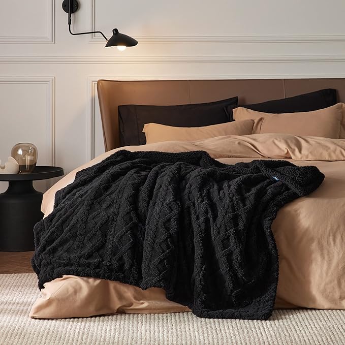 Bedsure Sherpa Fleece Throw Blanket for Couch - GentleSoft Fluffy & Cozy Cable Jacquard Tufted Throw for Women Gift, Thick and Warm Blankets for Winter, Black, 50x60 Inches
