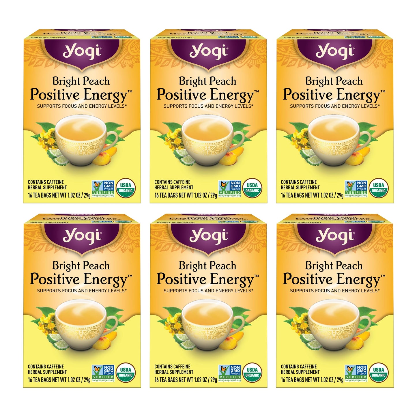 Yogi Tea Bright Peach Positive Energy Tea - 16 Tea Bags per Pack (6 Packs) - Organic Tea to Support Focus & Energy - Includes Oo