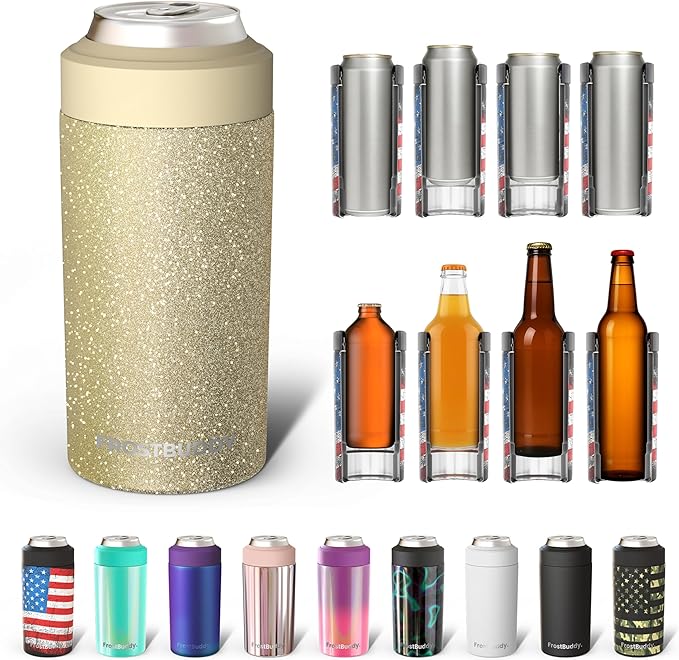 Frost Buddy Universal Can Cooler - Fits all - Stainless Steel Can Cooler for 12 oz & 16 oz Regular or Slim Cans & Bottles - Stainless Steel (Champagne Glitz)