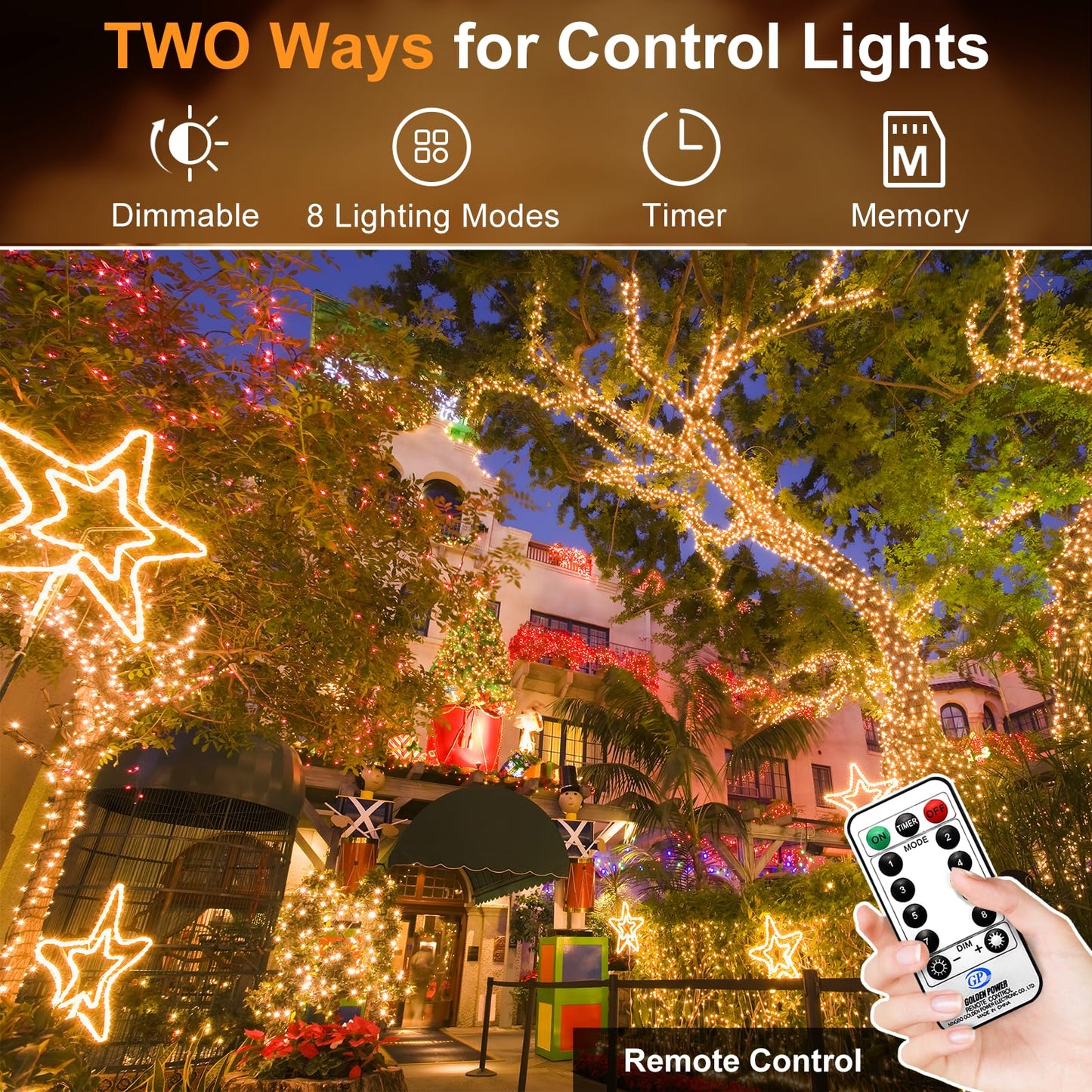KNONEW 1000 LED String Lights, 403ft Dark Green Wire, Warm White, 8 Modes, Timer, Waterproof for Outdoor Christmas Decorations