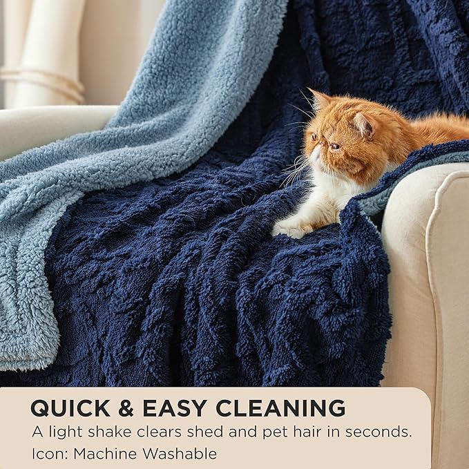 Bedsure Sherpa Fleece Throw Blanket for Couch - GentleSoft Fluffy & Cozy Cable Jacquard Tufted Throw for Women Gift, Thick and Warm Blankets for Winter, Navy, 50x60 Inches