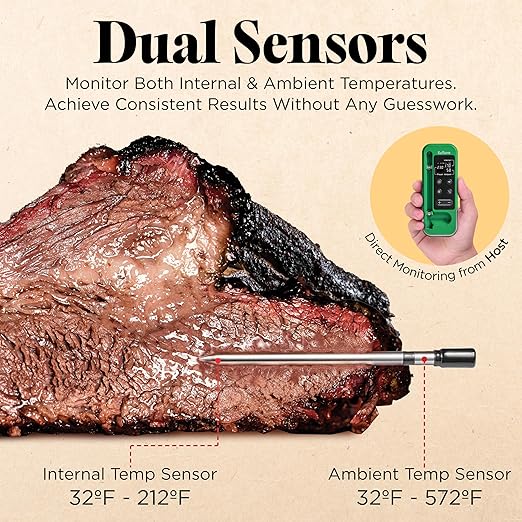 Wireless Meat Thermometer with Digital Meat Probe, Measures Internal & Ambient Temp, 800FT Bluetooth Meat Thermometer with Host Control for Barbecue, Outdoor Grilling, Oven & Smoker (Lime)