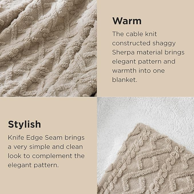 Bedsure Sherpa Queen Size Blanket for Bed - GentleSoft Fleece Fluffy & Cozy Cable Jacquard Tufted for Women Gift, Thick and Warm Blankets for Winter, Beige, 90x90 Inches
