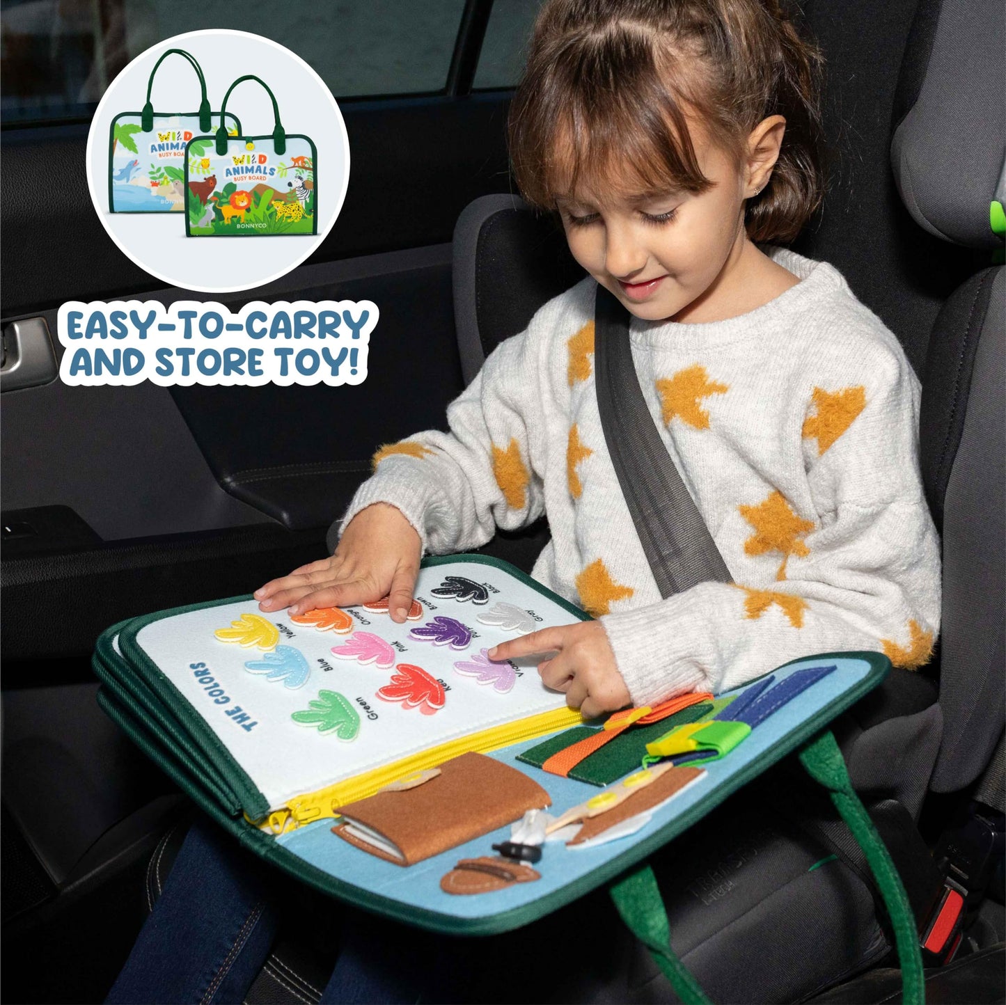 BONNYCO Busy Board for 1 Year Old Animals Montessori Busy Book for Toddlers 1-3 2-4, Felt Quiet Book Baby, Montessori Toys, Toddler Learning Toys Travel Airplane Car | Educational Activity Board