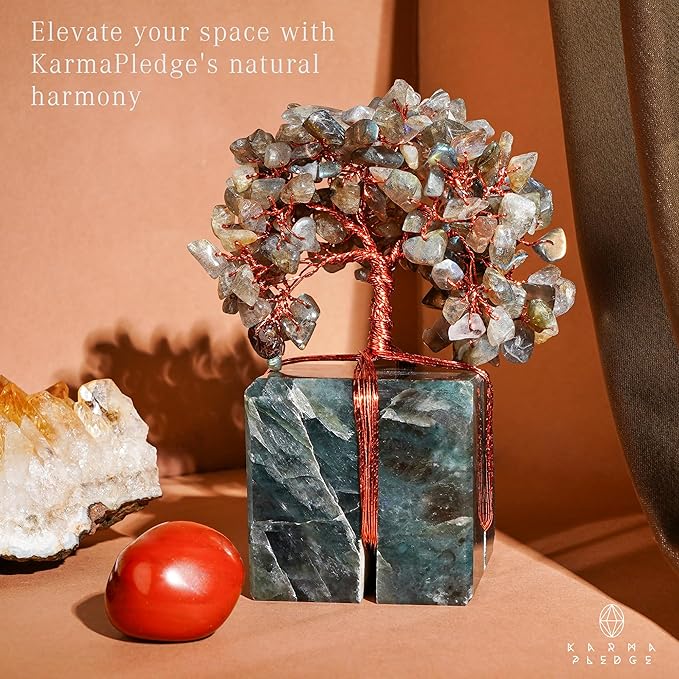 KARMAPLEDGE Crystal Tree of Life Feng Shui Decor for Home and Office, Labradorite Chakra Healing Crystal Handmade Tree for Positive Energy, Money, Good Luck, Christmas Decor, Birthday Gifts for Women