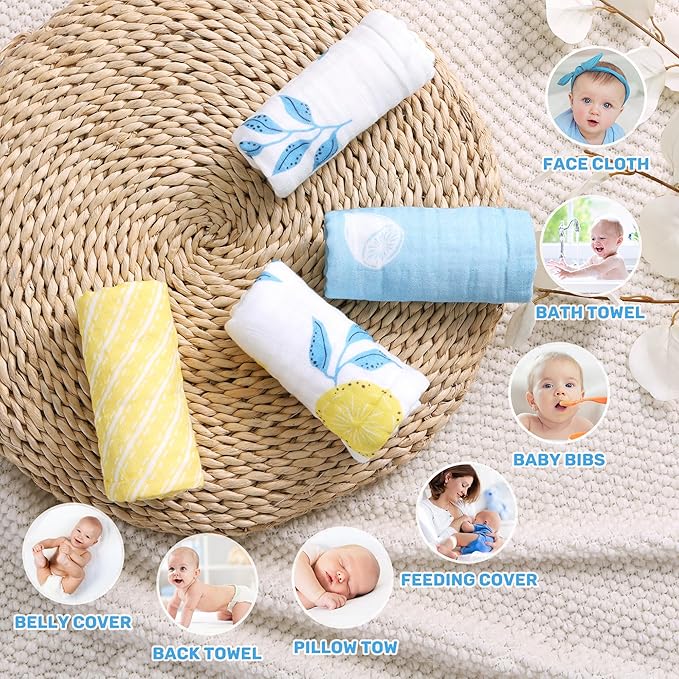 Viviland Baby Muslin Burp Cloths, Super Absorbent Washcloths for Baby Girl and Boy, 10 x 20 inches 6-Layer Baby Bath Towels, Lemon & Leaves 4 Pack