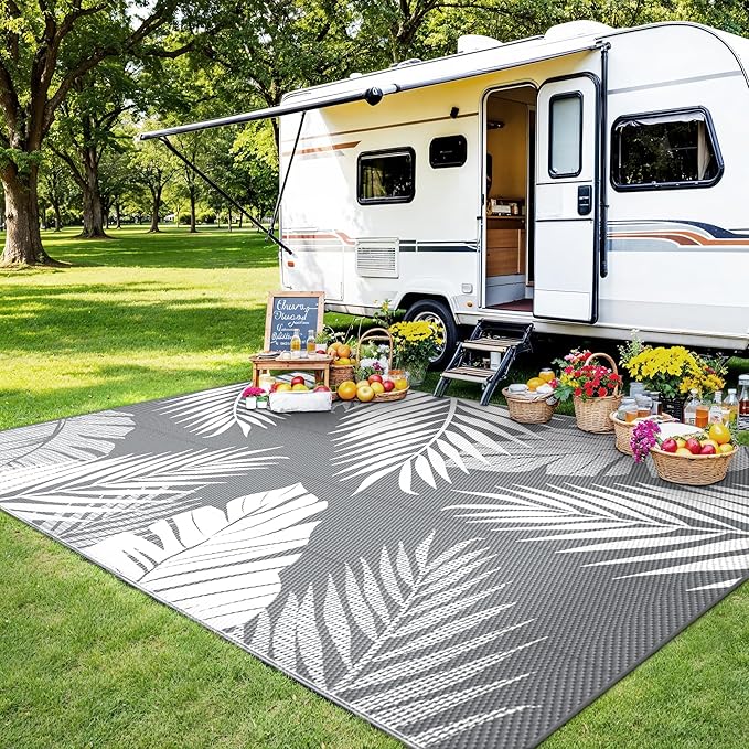 Outdoor Rug 4' x 6' for Patio Waterproof Clearance, Reversible Indoor Outdoor Plastic Straw Camping Rug Carpet, RV Mat, Large Area Rug for Deck, Backyard, Balcony, Porch, Beach, Grey and White