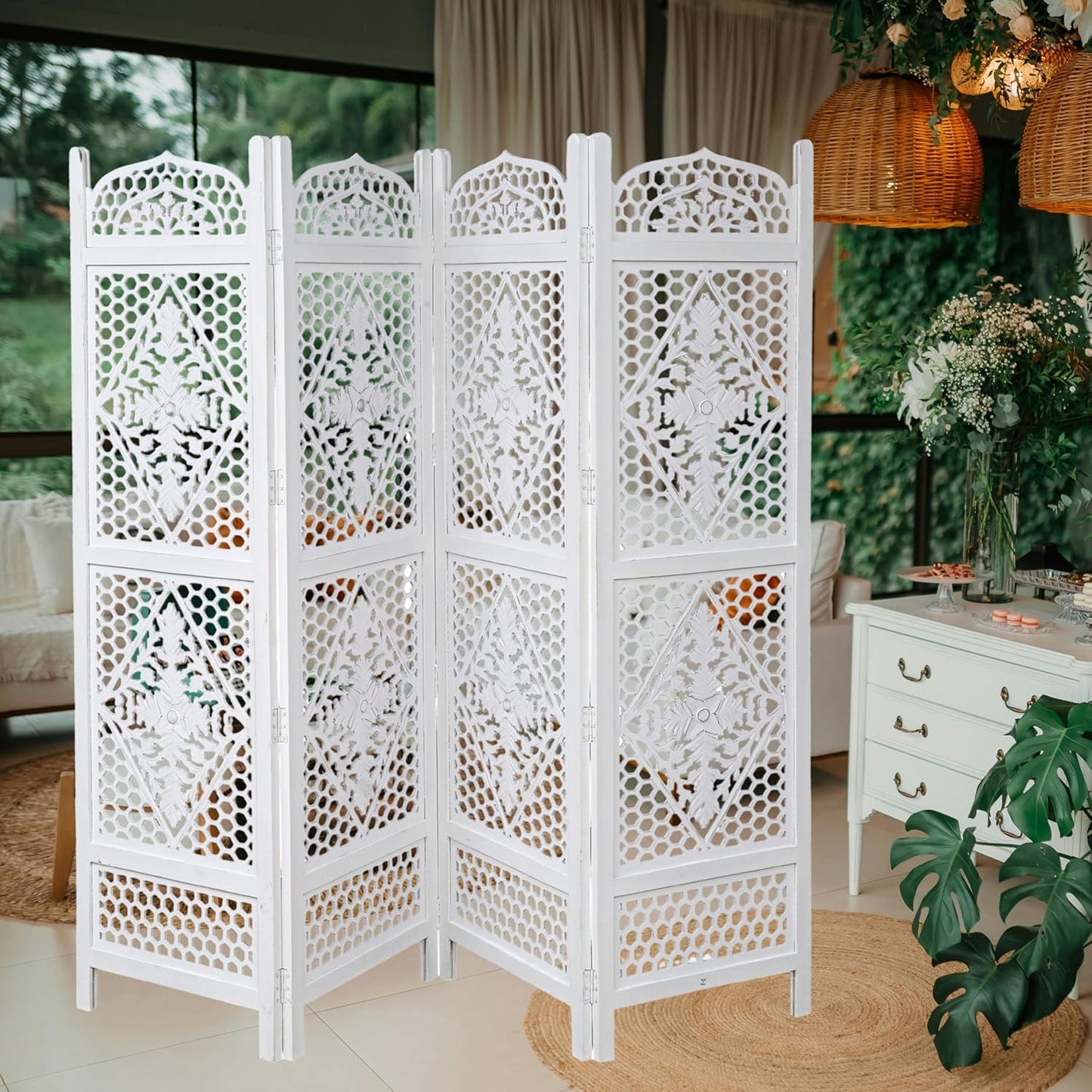 Room Divider Wood Screen Panel – Antique White, 4-Panel Folding 80"x72", Hand-Carved, Reversible Privacy Partition, Decorative & Functional Portable Room Divider for Home or Office