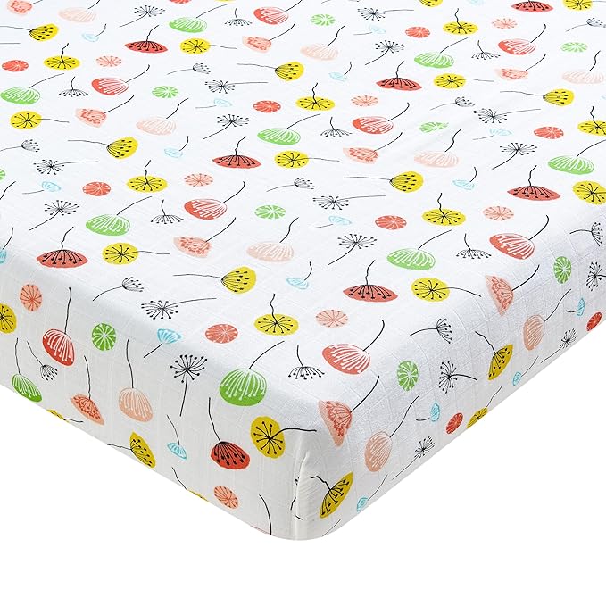 Margaux & May Organic Muslin Cotton Baby Crib Sheet, Dandelion Print, Fitted, Breathable, Toddler Bedding, 52 x 28, Deep Pocket, Organic Crib Sheets for Cozy Sleep