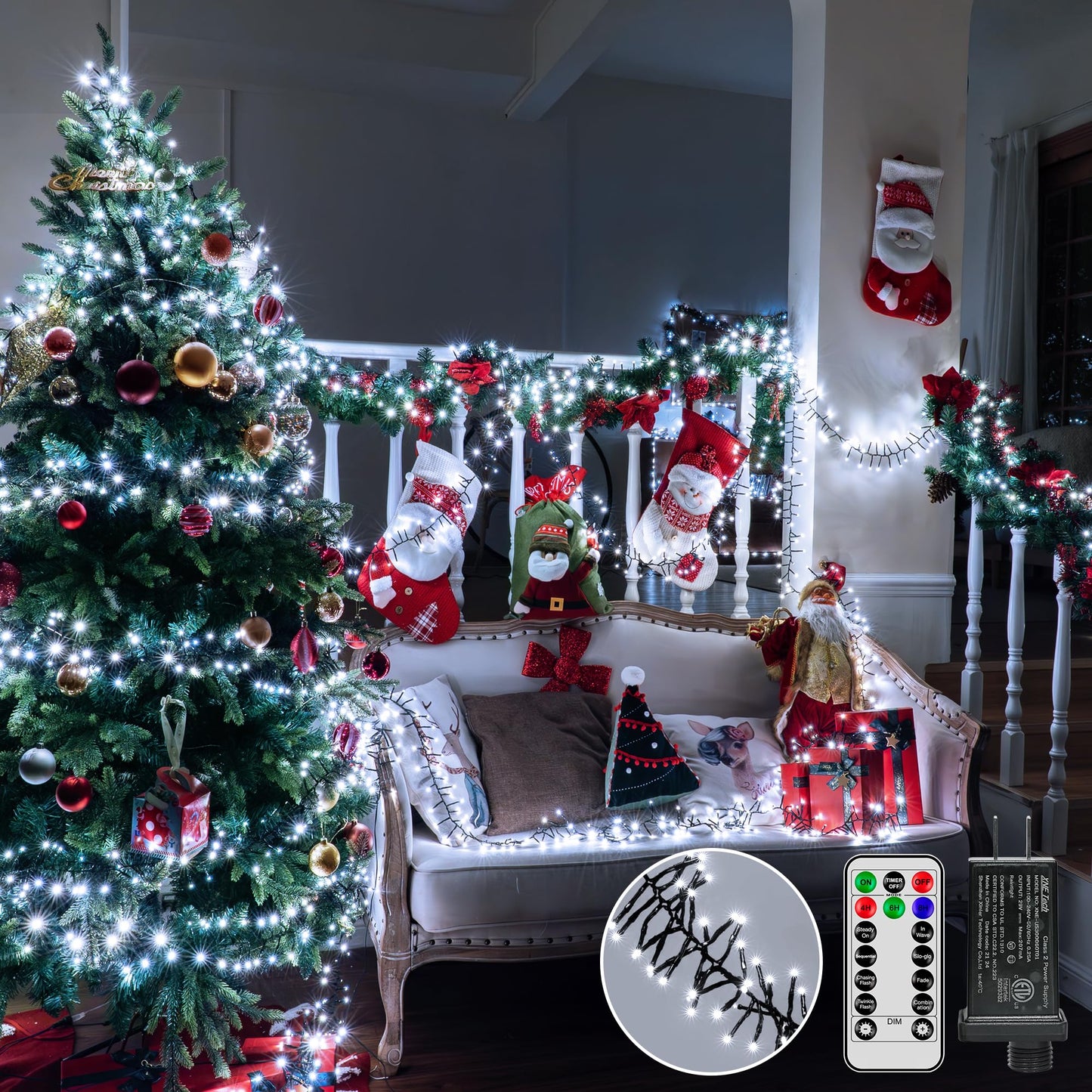 Ccinny 1200 Led 59 Ft Cluster Lights  White Christmas Tree Lights 8 Modes Timer Remote  Waterproof String Lights For Indoor Outside Garland Xmas Decorations