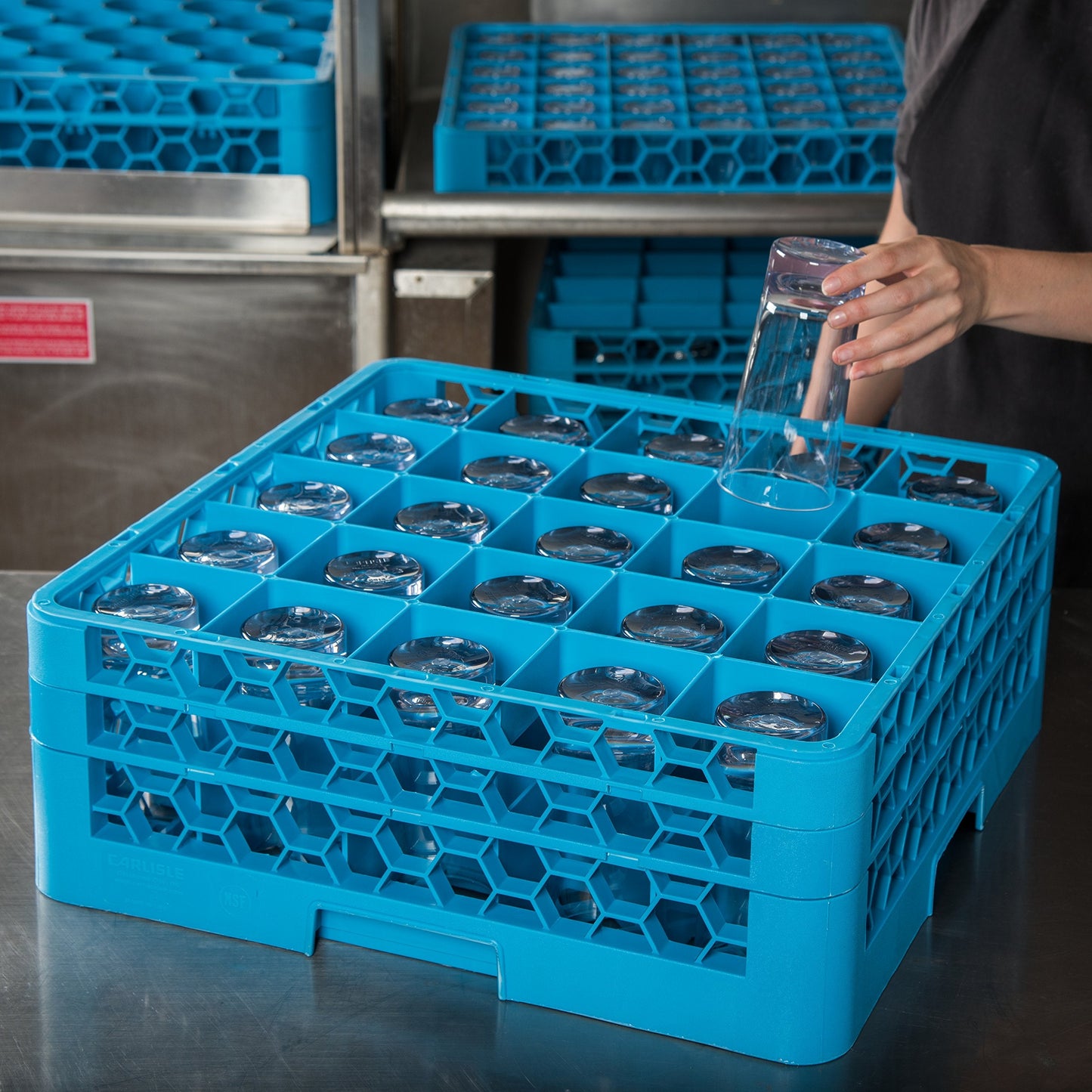 Carlisle FoodService Products OptiClean Plastic 25-Compartment Divided Glass Rack with Extender, Blue, (Pack of 3)