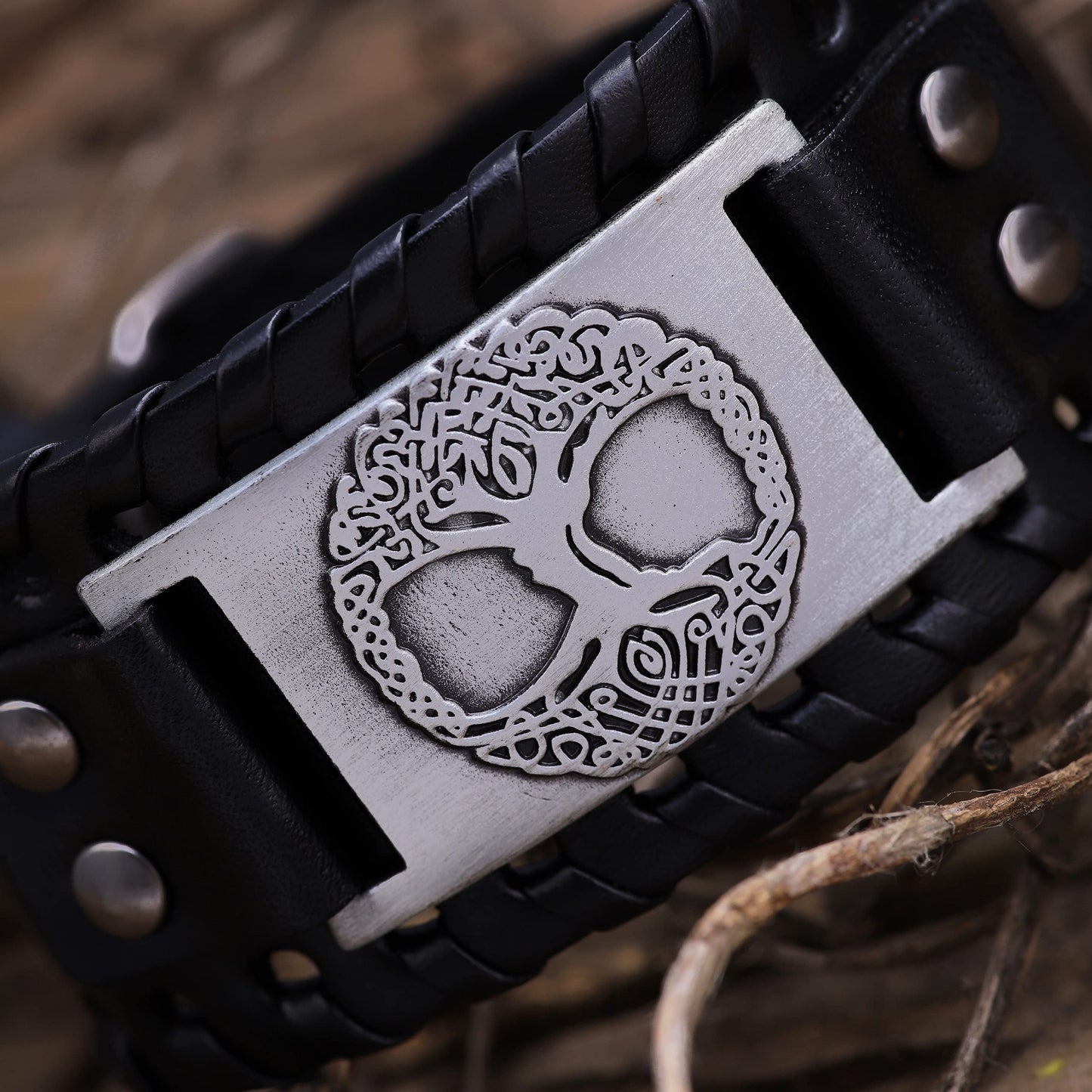 HAQUIL Viking Bracelet for Men, Tree of Life Yggdrasil Talisman, Nordic Black Wide Leather Wristband, Viking Jewelry Gifts
