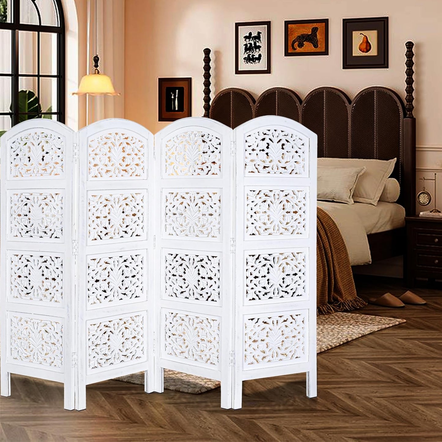 Room Divider Wood Screen Panel – White, 4-Panel Folding 64"x48", Hand-Carved, Reversible Privacy Partition, Decorative & Functional Portable Room Divider for Home or Office