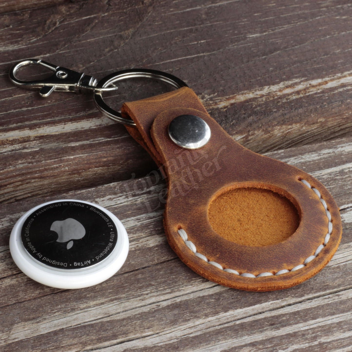 Toprank Leather Keychain Holder For Airtag - Handmade Genuine Crazy Horse Leather Case (Camel)