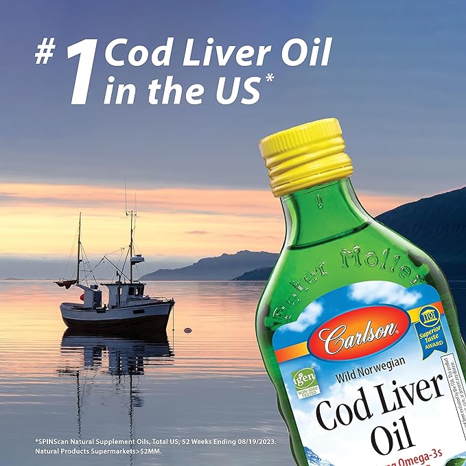 Carlson - Cod Liver Oil Minis, 280 mg Omega-3s + Vitamins A & D3, Heart Support & Cognitive Function, Vision Health, 250 Mini Soft Gels