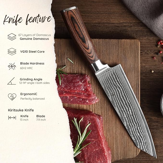 Wakoli EDIB Damascus Kiritsuke Chef Knife – 7.9-Inch Japanese Style Kitchen Knife | Genuine 67-Layer Damascus Steel Blade with VG10 Core | Ergonomic Pakkawood Handle | Professional Cooking Knife