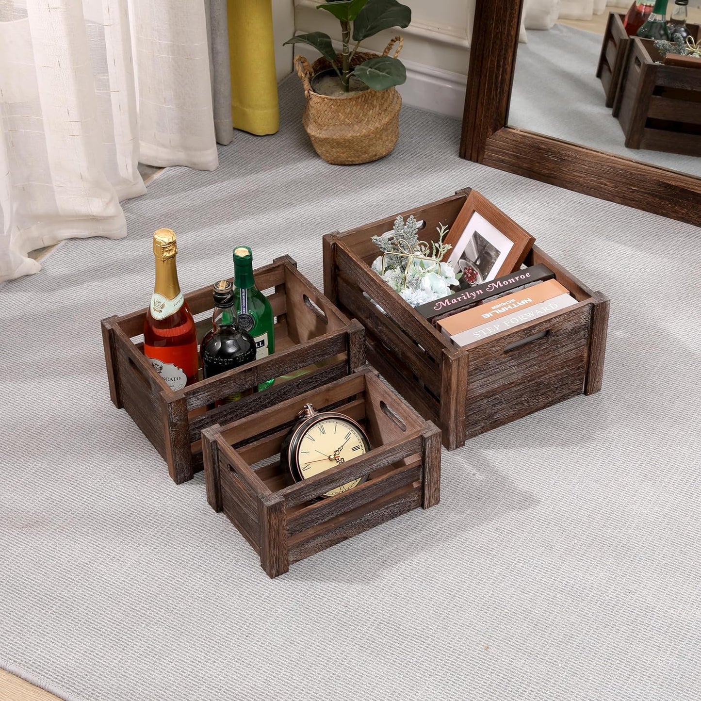 Large Vintage Brown Wooden Crates Set of 3, Rustic Handmade Wood Boxes for Storage or Display, Solid Wood Decorative Boxes