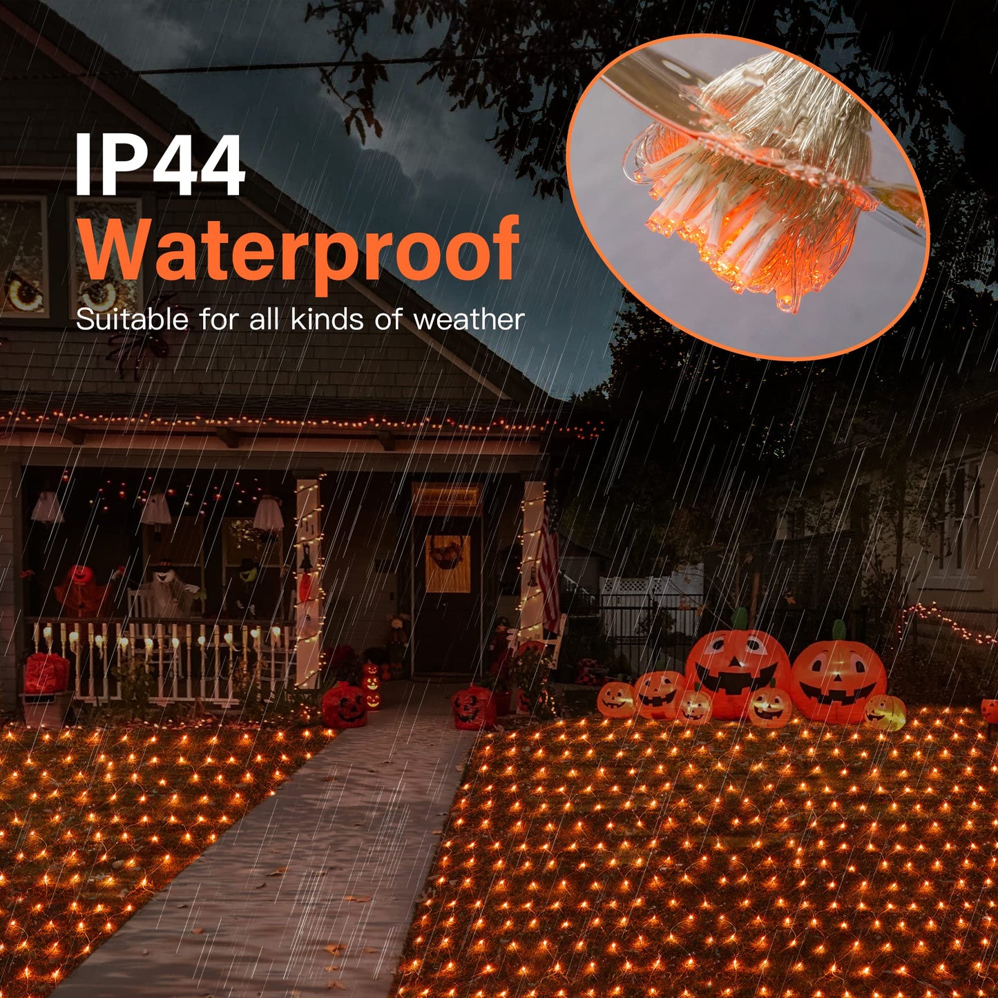 woohaha Outdoor Halloween Net Lights, 192 LED, 8 Lighting Modes, 9.8FTx6.6FT, Connectable, Orange