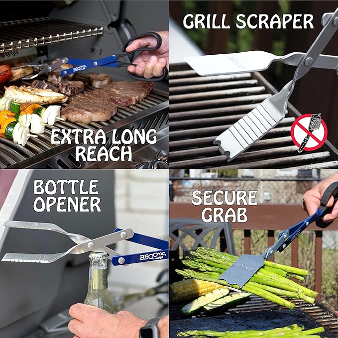 BBQ Croc 3 in 1 Barbecue Tool 18-inch - Extra Light and Long Tongs, Spatula and Grill Scraper (Blue) (18 inch with Flashlight)