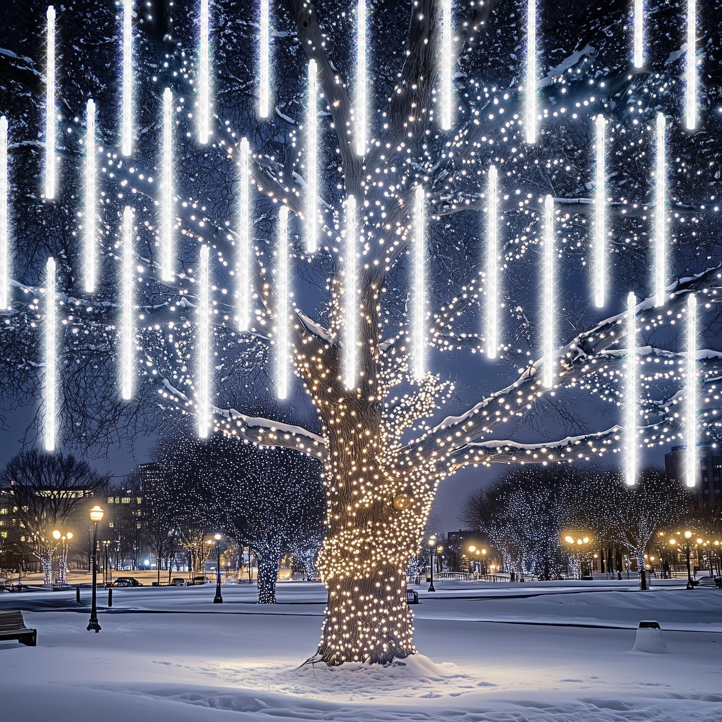 Dazzle Bright 1728 Led Christmas Light  Meteor Shower Rain Lights 11.8 Inch 48 Tubes  Waterproof Plug In Falling Rain Lights Decorations For Xmas Tree Yard Party (White)
