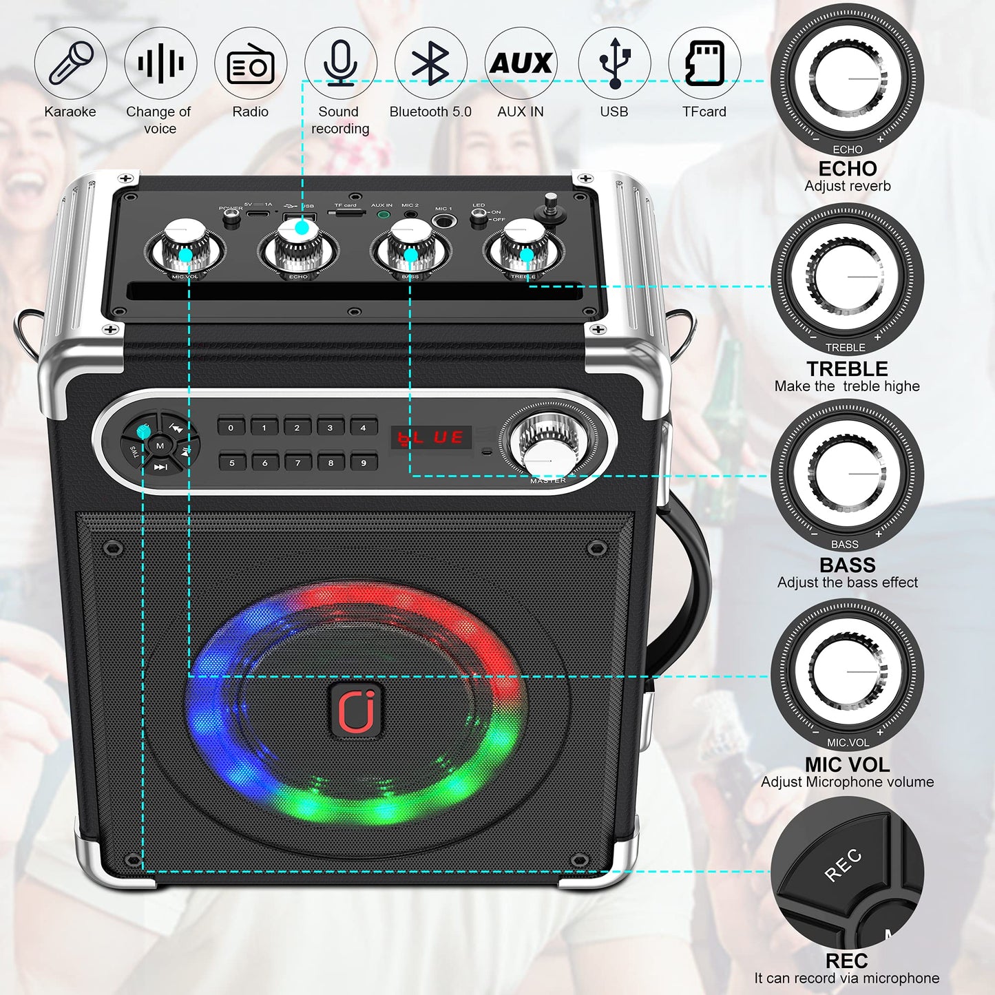 Jyx Karaoke Machine With Two Wireless Microphones, Portable Bluetooth Speaker With Bass/Treble Adjustment, Pa System With Remote