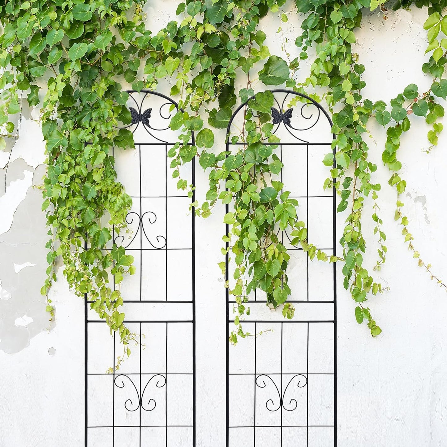 8 Pack Metal Garden Trellis for Climbing Plants, 86.7" Tall Rustproof Outdoor Trellis Panel with Line Butterfly Design, Decorative Black Iron Plant Support for Vine, Rose, Flower, Garden Wall