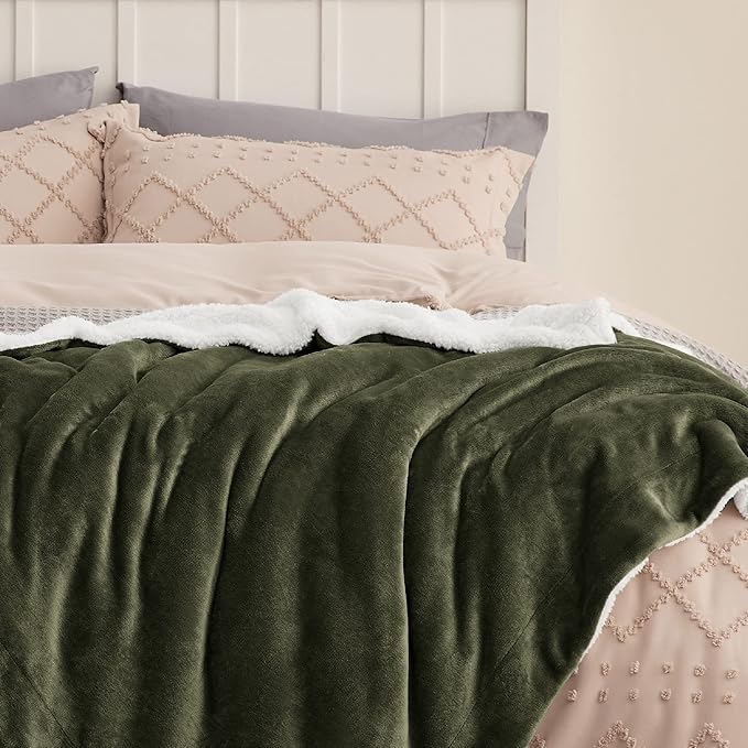 Bedsure GentleSoft Sherpa Fleece Blankets Queen Size for Bed - Thick and Warm, Soft Fuzzy Plush Queen Blanket for Winter, Olive Green, 90x90 Inches