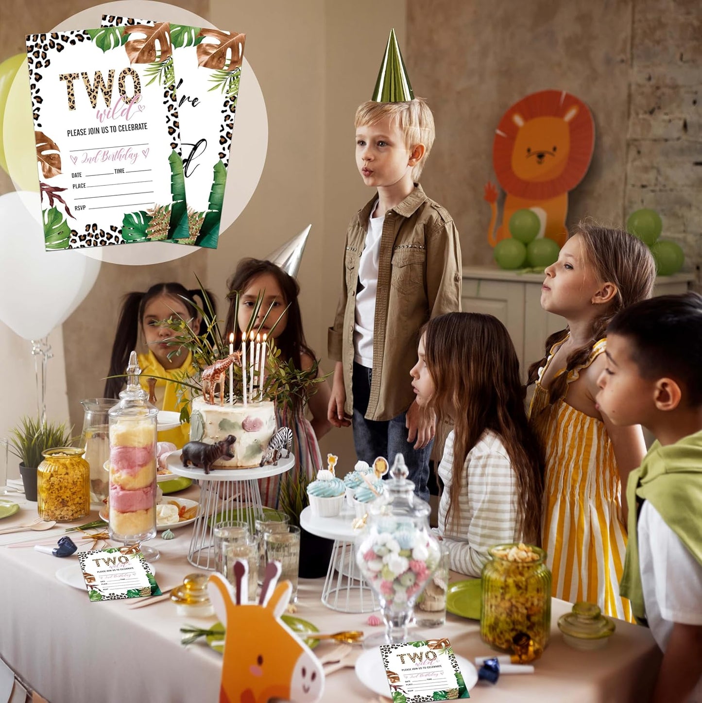 Safari Jungle Birthday Invitations, 20 Invitation Cards with Envelopes, Wild Two Invites for Party Decorations Favor Supplies - A14