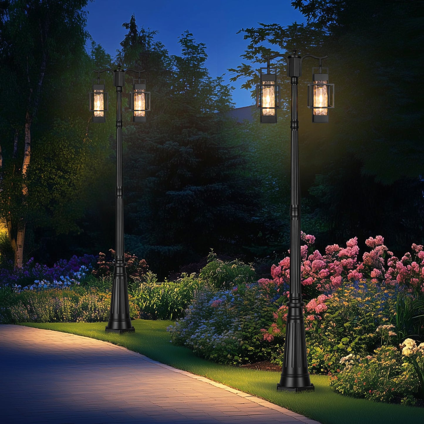 Partphoner Modern Outdoor Lamp Post Light 2-Head  Hardwired Street Light Post For Outside Metal Pole Light Outdoor Lighting With Water Glass Shade For Garden Patio Backyard Walkway Driveway