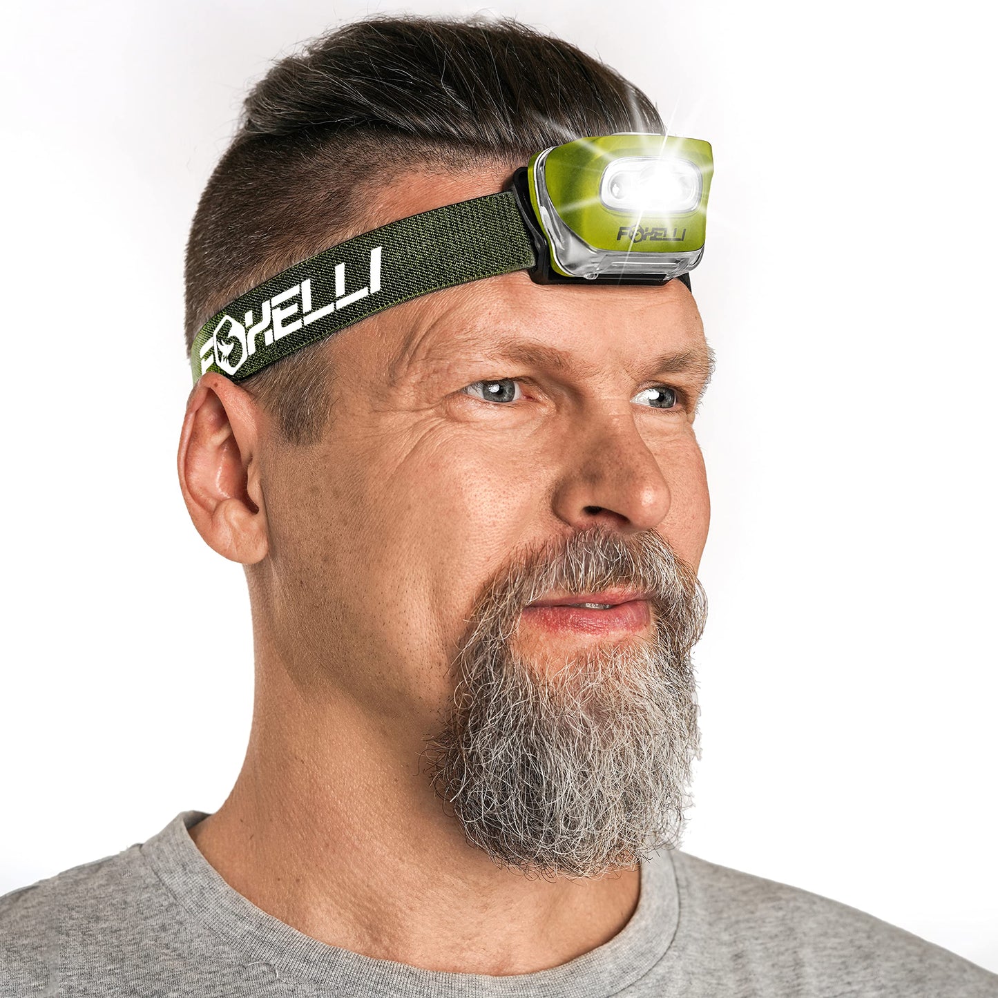 Foxelli LED Headlamp Flashlight, Lightweight Waterproof, White & Red Light, Model MX20, Khaki, Includes 3 AAA Batteries