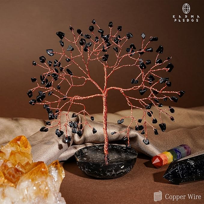 7 Chakra Black Obsidian Crystal Tree of Life Positive Energy & Good Luck, Money, Feng Shui Decor, Home and Office Desk Decoration, Spiritual Gifts for Women, for Dad