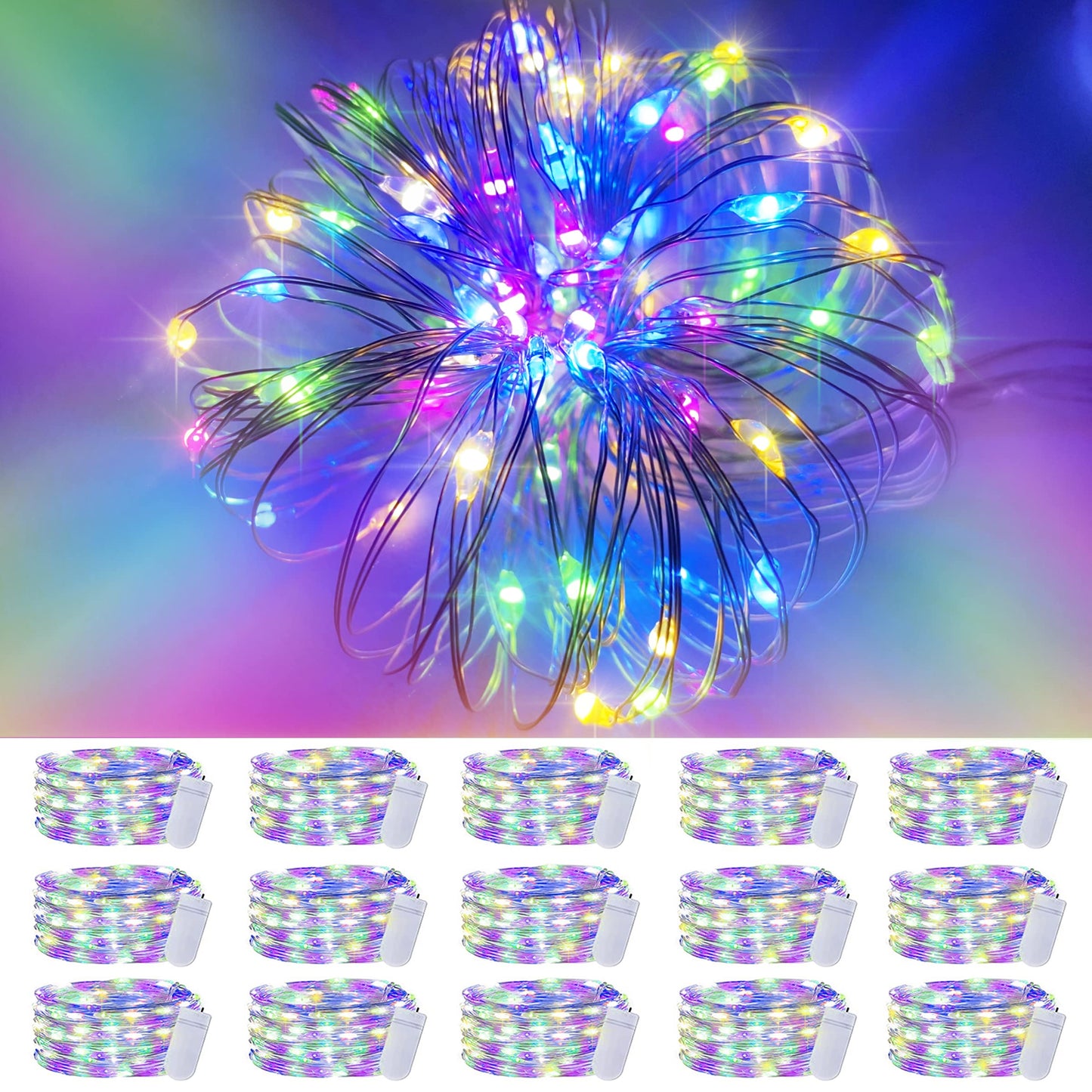 SmilingTown 15 Pack 20 LED Fairy Lights Multicolored Battery Operated Waterproof Silver Wire 6.6 Feet Model st-ting-l464