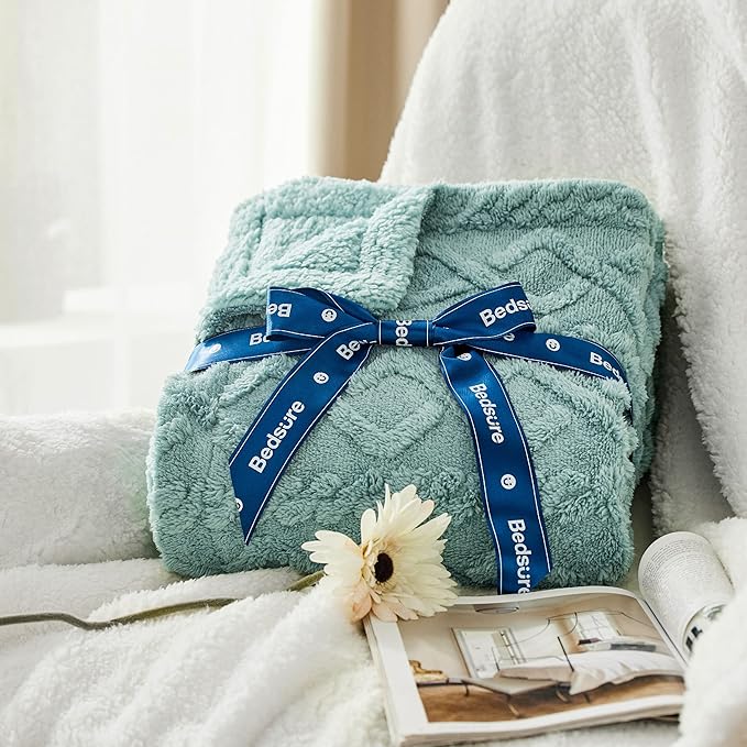 Bedsure Sherpa Fleece Blanket Twin Size for Bed - GentleSoft Fluffy & Cozy Cable Jacquard Tufted for Women Gift, Thick and Warm Blankets for Winter, Sage Green, 60x80 Inches