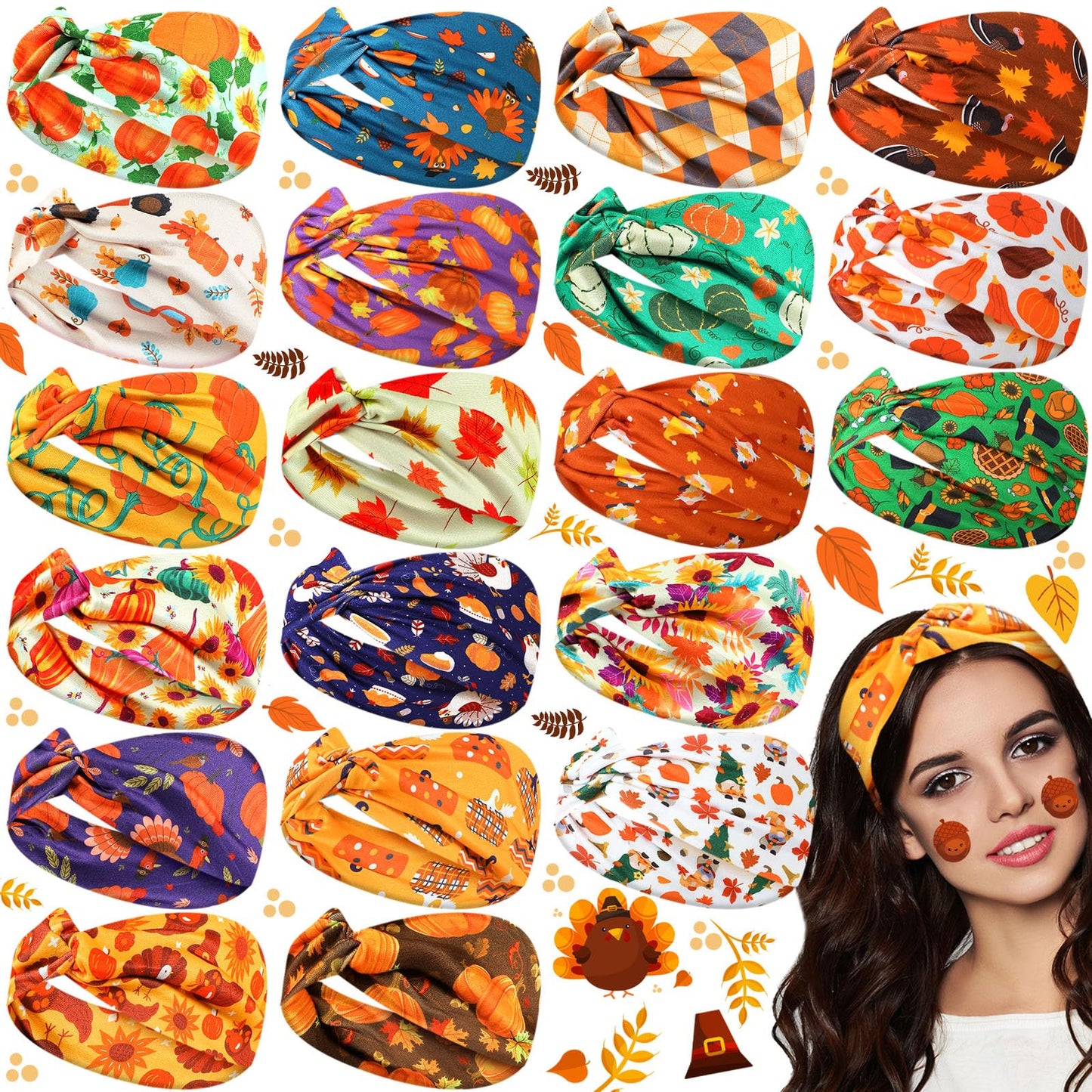 Hoteam 20 Pcs Thanksgiving Headbands Bulk for Women Pumpkin Fall Headbands Accessories Thanksgiving Hairband Elastic Non Slip Ha