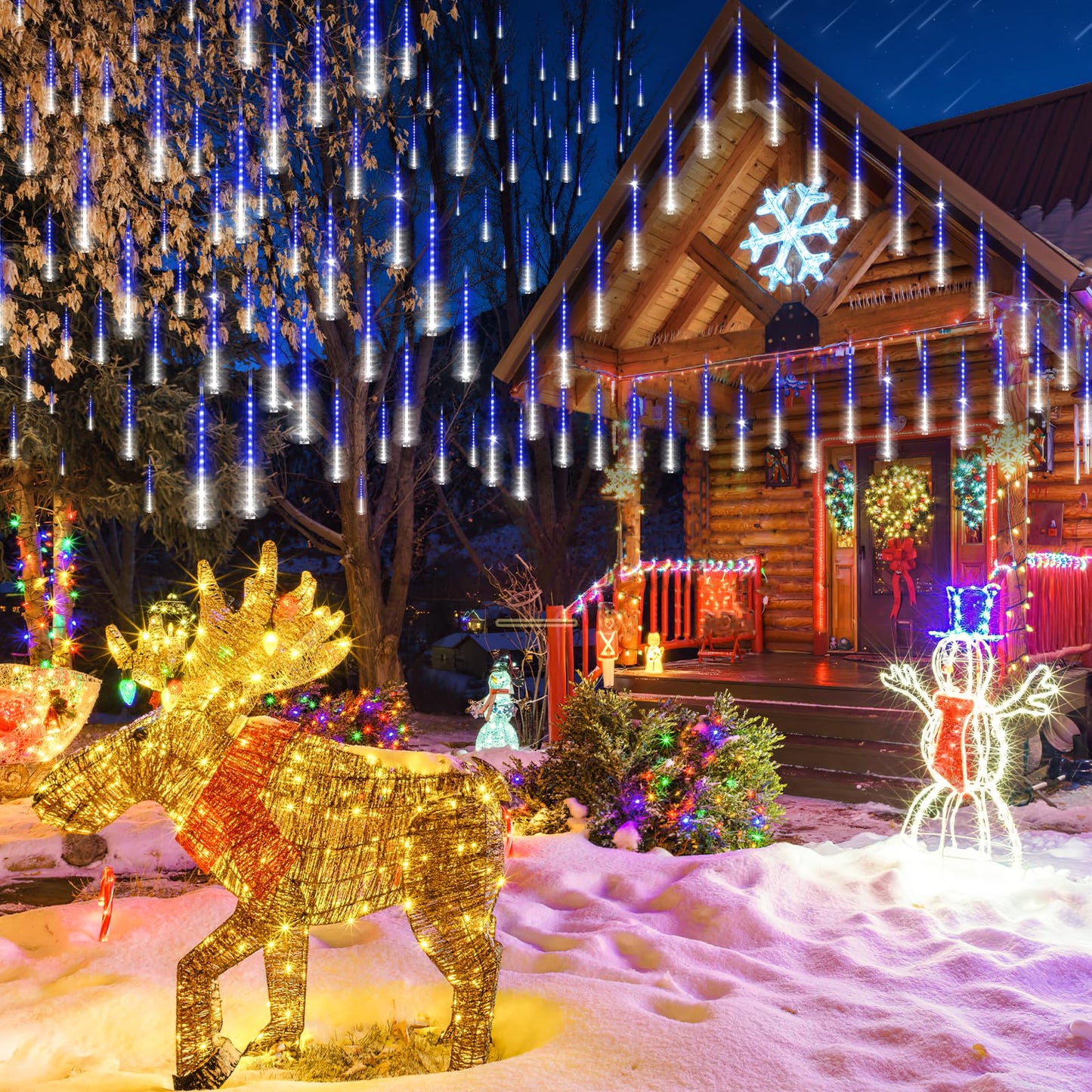 KNONEW LED Meteor Shower Lights, 24 Tubes, 672 LEDs, Waterproof, Blue & Cool White, Model KN-1000-LIG168-01, Outdoor Holiday Decorations