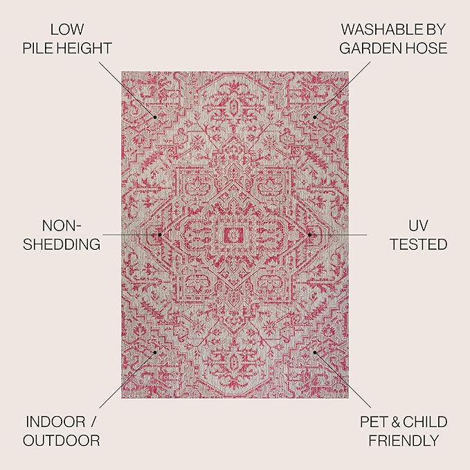 JONATHAN Y SMB105F-3 Estrella Bohemian Medallion Textured Weave Indoor Outdoor Area Rug, Coastal,Traditional,Transitional Easy Clean,Bedroom,Kitchen,Backyard,Patio,Non-Shed, Light Gray/Fuchsia, 3 X 5