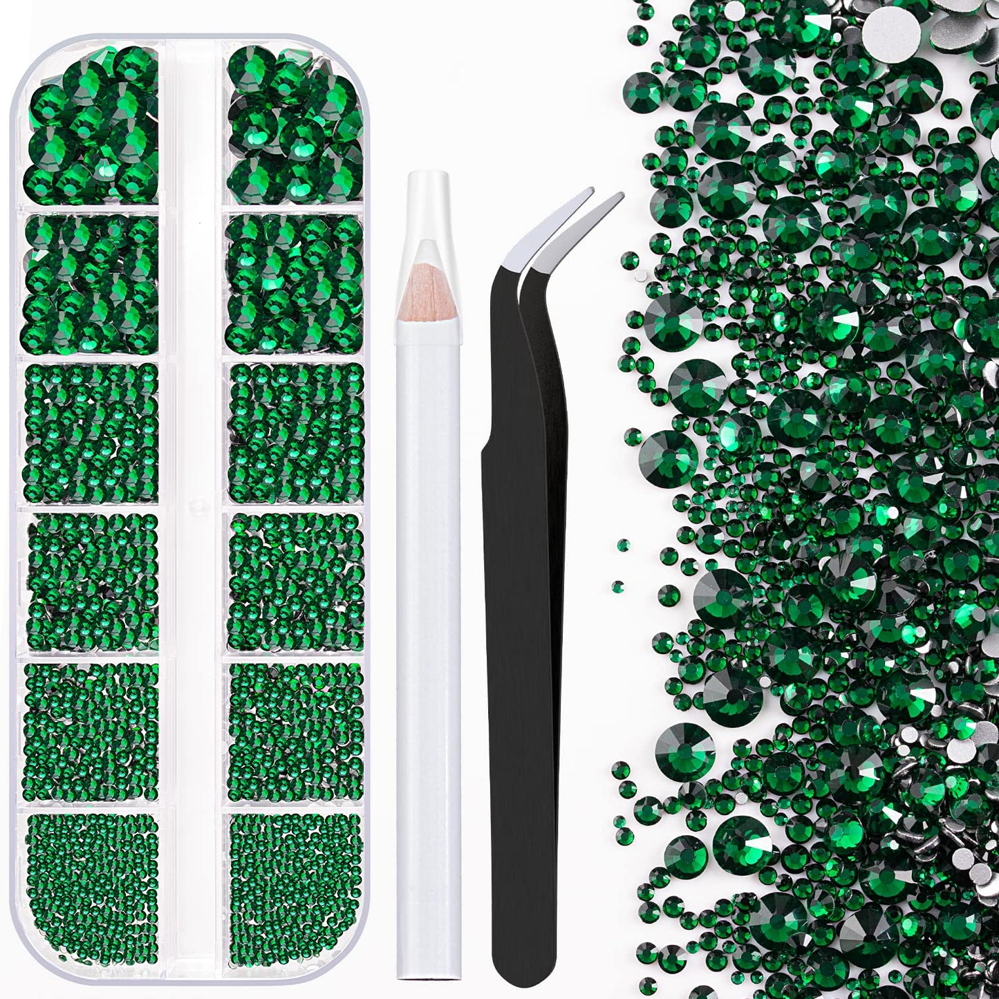 One Pack 2000 Pcs of Flatback Round Dark Green Rhinestones 6 Sizes (1.5-6 mm) with Nail Art Rhinestone Picker Pencil and Tweezer