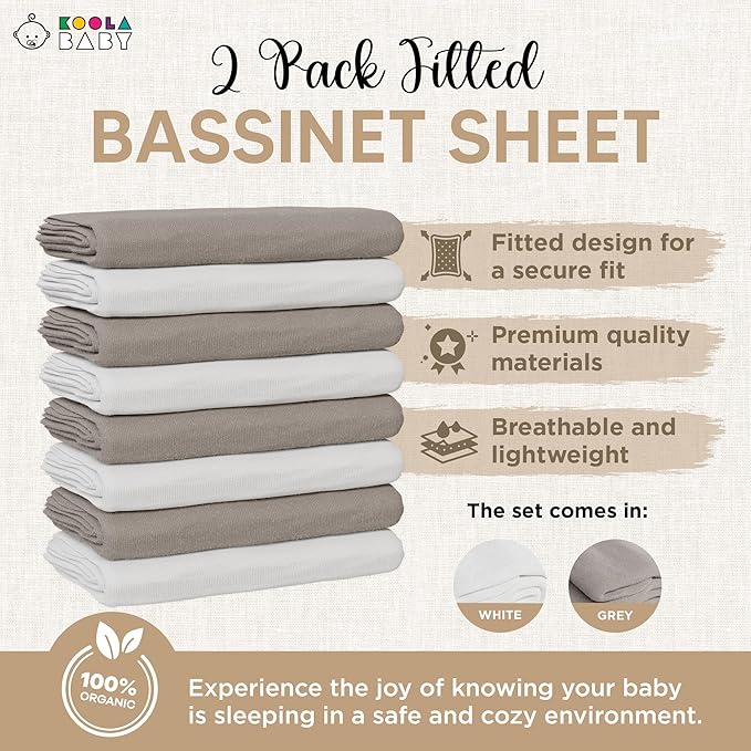 Bassinet Fitted Sheets - Compatible with Fisher Price Bassinet Soothing Motions, Stow and Go, Rock with Me & Soothing View Bassinet | 100% Organic Jersey Cotton - White + Grey | 32x16 (2 Pack)
