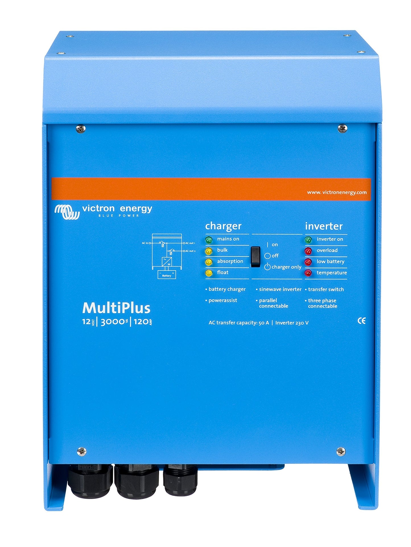 Victron Energy Multiplus 230V 3000Va 12-Volt Pure Sine Wave Inverter 120 Amp Battery Charger, 50 Amp Transfer Switch