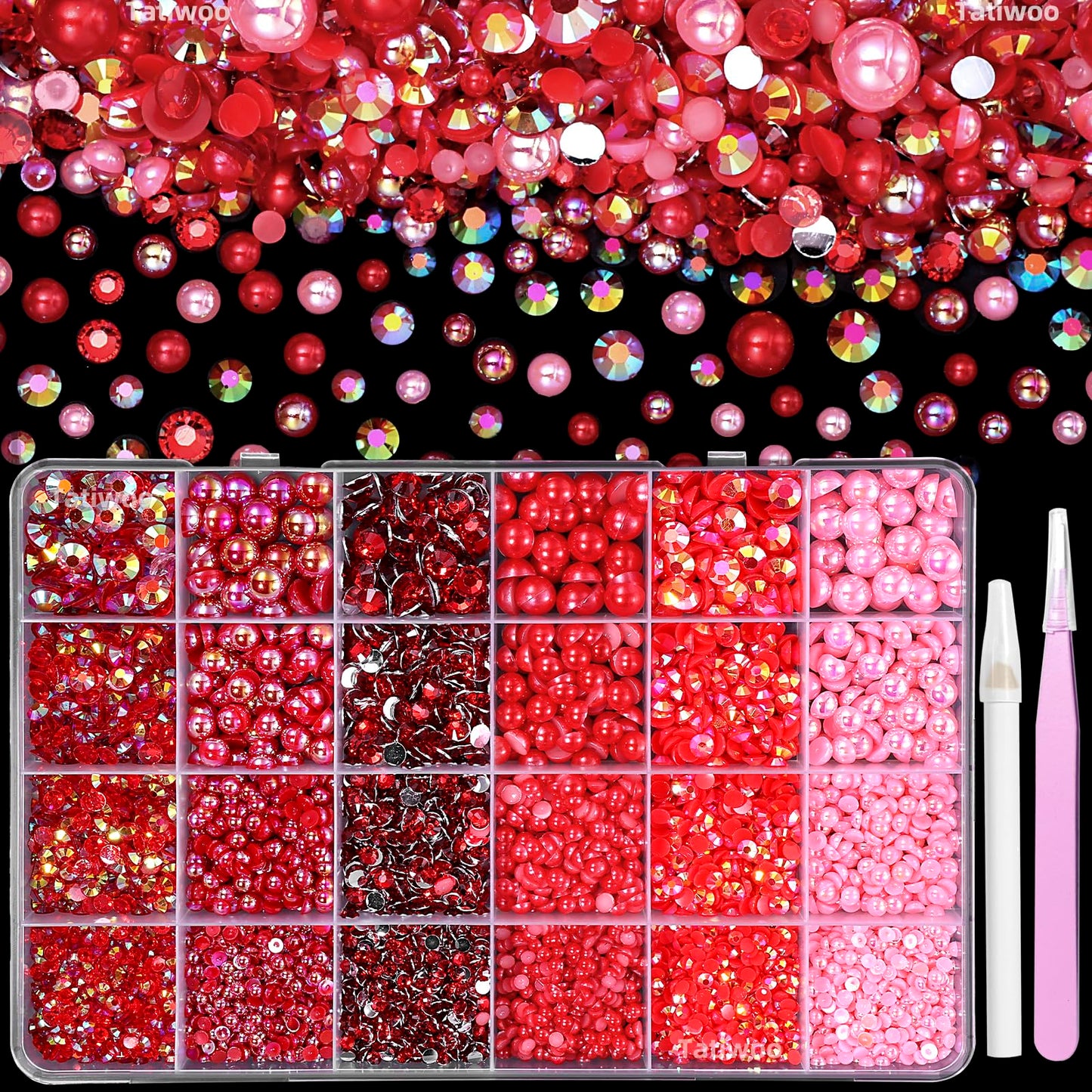 9000 Pcs Red Flatback Pearls and Rhinestones for Crafts, 3/4/5/6mm Jelly Resin Rhinestones, Mixed Size 3/4/6/8mm Half Pearl Beda