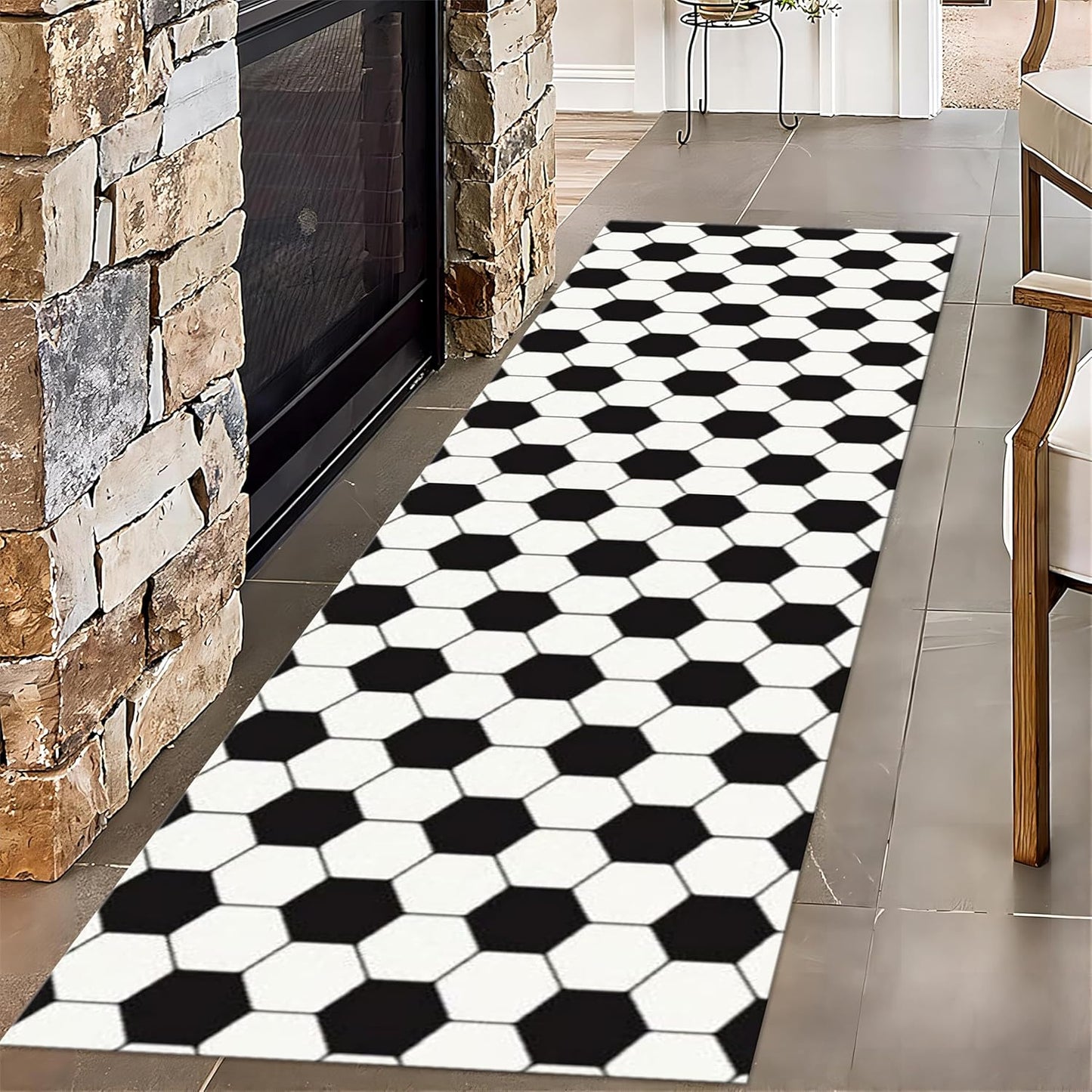 Football Pattern Runner Rugs for Hallway, 4x10ft, Black White Geometric Entrance Rug, Machine Washable High Traffic Rug, with Non Slip Backing Absorbent Carpet for Entryway Living Room