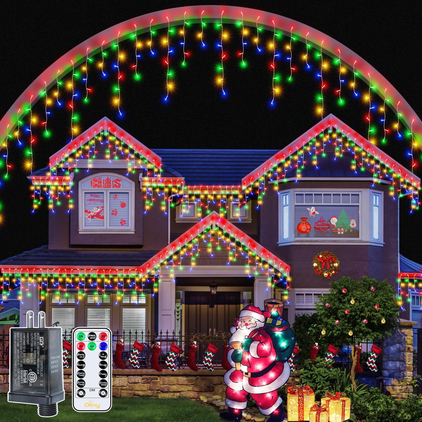 Ollny Icicle Lights Outdoor 594 Led Multicolor Christmas Lights With Remote, Waterproof, 49Ft, 8 Modes, Model Hg-29V596Bc